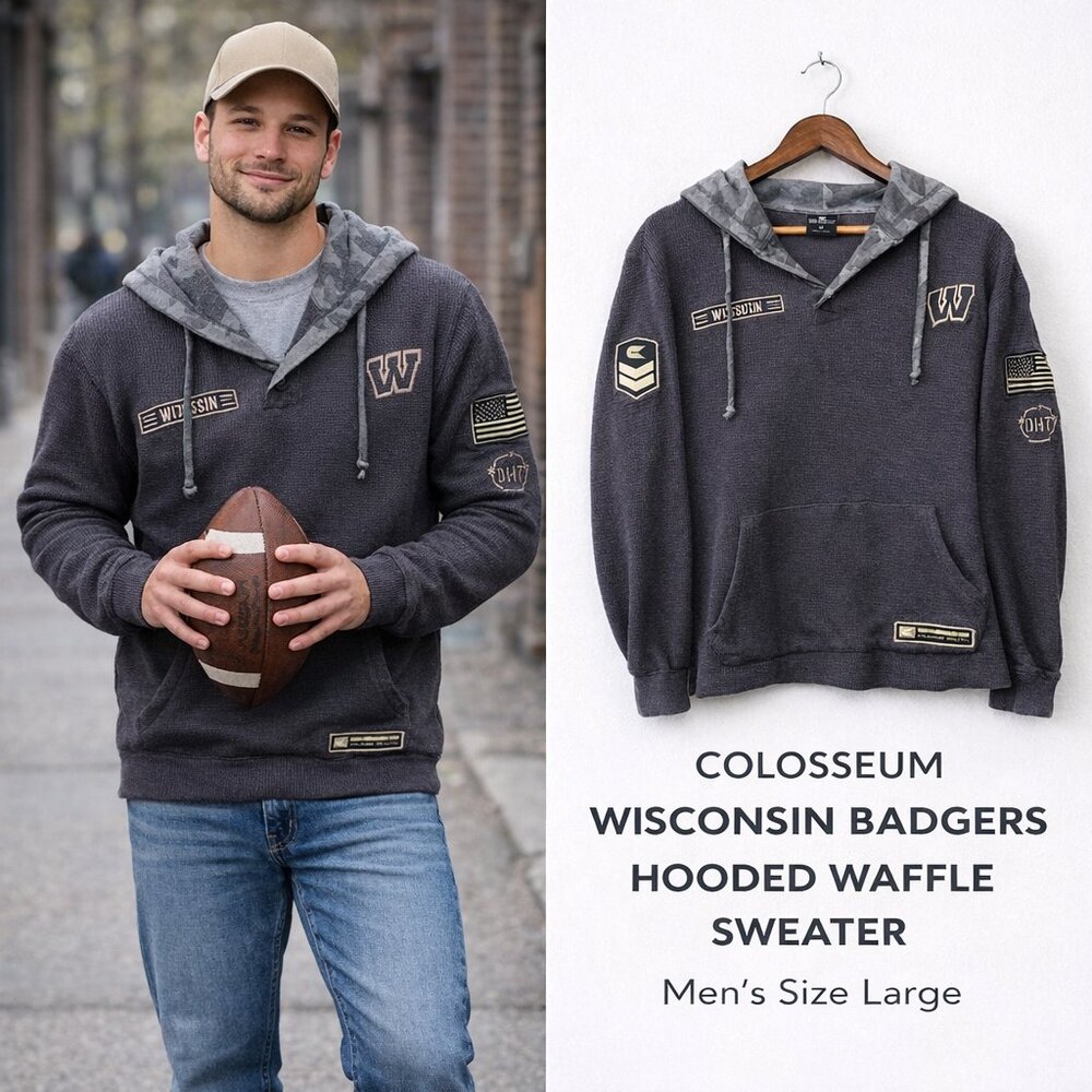 ✨ COLOSSEUM WISCONSIN BADGERS HOODED WAFFLE SWEATER MEN’S M